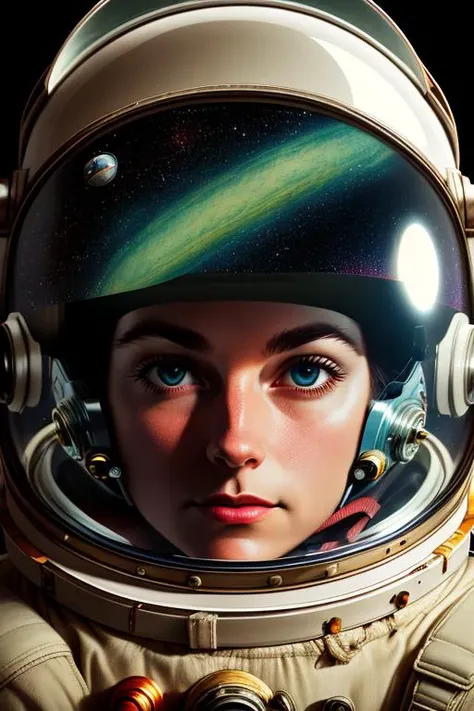 portrait of a retro space helmet, the cosmos reflecting off the visor