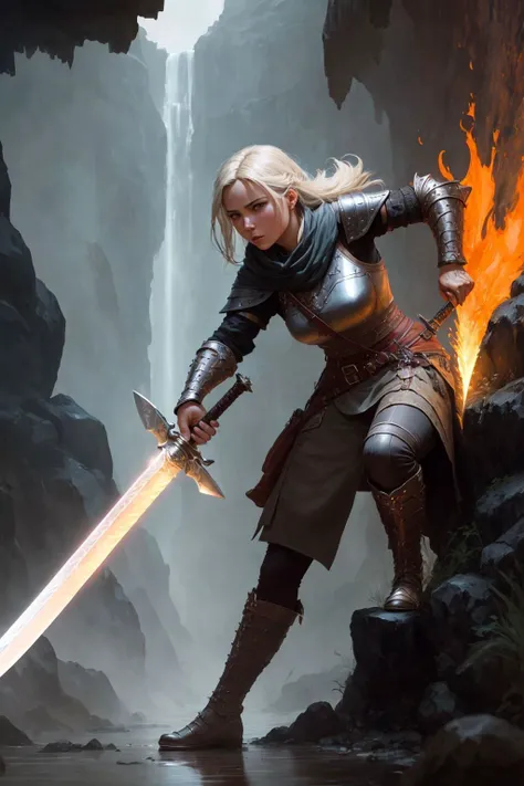 a dnd fighter holding a claymore (long sword:1.2) made of molten lava, dripping lava,
(extremely detailed CG unity 8k wallpaper), photo of the most beautiful artwork in the world, professional majestic oil painting by Ed Blinkey, Atey Ghailan, Studio Ghibli, by Jeremy Mann, Greg Manchess, Antonio Moro, trending on ArtStation, trending on CGSociety, Intricate, High Detail, Sharp focus, dramatic, photorealistic painting art by midjourney and greg rutkowski, furious