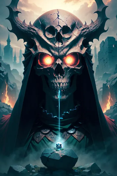 Skull, Stone ground, mist, glowing eyes,