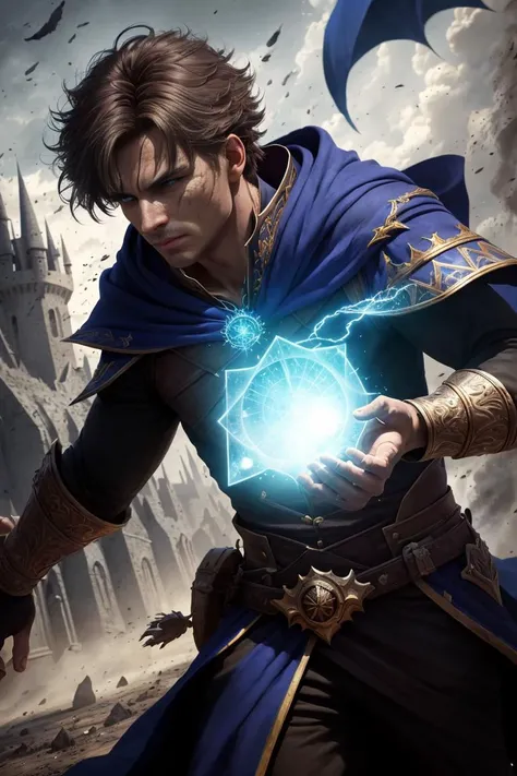 1 boy, prince, mage, short brown hair, blue eyes, thick eyebrows, lean body, blue robe, complex pattern, channeling, arcane magic, (Spellcasting:1.2), (synergy:1.2), (Blue Magic:1.2), battle roar, Battlefield, Scorched Citadel, Ashes and Dust falling, VFX, Fantasy, Time-Lapsing,  Illustration, Cinematic Pose, Dutch Angle, Low Angle Shot, Depth of Field, Sharp Focus, Intricate Details, Tone-mapping, Ambient Occlusion, Backlighting, Shadow Mapping, Ambient Light, Secondary Fill Light, Spectacular Map, Atmospheric Perspective, Color Punch Overlay, Anti-Aliasing., Masterpiece, Best Quality, High Resolution, 4k.