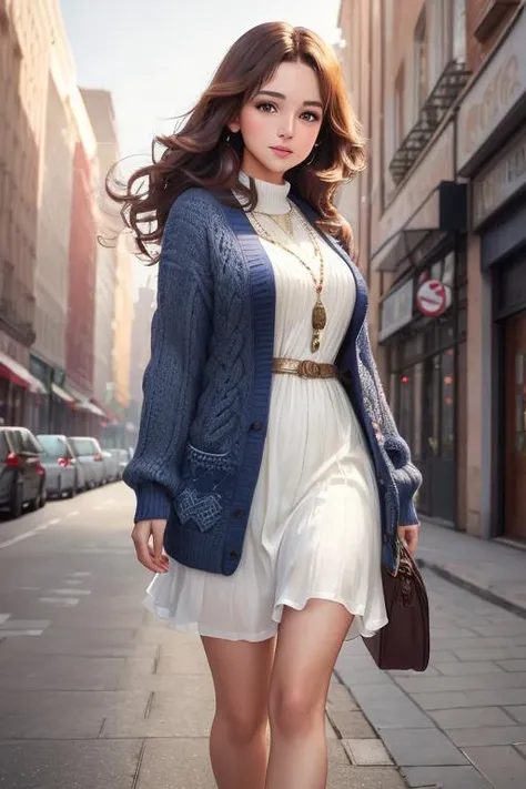 beautiful brown-haired woman photo, high resolution, portrait, [white dress, dark blue cardigan::0.6], [long shot, full body, relaxed pose::0.4], [detailed face, serene smile, blue eyes, white skin, no makeup:0.4], [[brown leather boots, [business|good] style, attractive body::0.6]:0.2], [looking at the [camera|viewer], studio lighting, indirect light:0.4], [intricate details, fine details:0.6], best quality, studio quality, city background