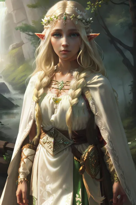 upper body close-up, druid female elf, multiple stitched layer cloth armor, white silk cloak, intricate floral pattern, long dark blonde hair, waterfall braid hairstyle, detailed face and eyes, young woman, forest lake with ruins background, volumetric light, god rays, long elf ears, green and white silk outfit, wooden accessories