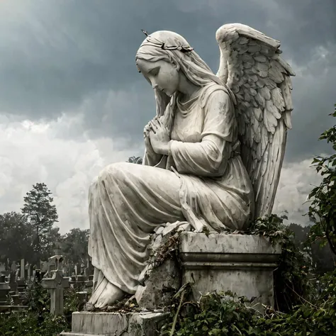 [angel statue on a postament:angel:0.2], praying woman stone statue, [hands closed in prayer], [(angelic wings), robe::0.2], [[overgrowth vegetation]:((overgrowth vegetation)):0.2], serene beautiful face, [overcast sky, god rays:(god rays):0.4], [deserted graveyard ruins, forsaken monastery, forged fence:broken gravestones, (crumbling ruins), (desolation):4], raw photo, Fujifilm XT3, Canon EOS R5, sharp focus, depth of field, [pale colors:ultra detailed, high contrast:0.4]