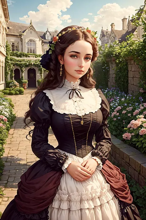a beautiful woman in her twenties, perfect face, [(detailed face), ((detailed facial features)):0.4], [full body::0.4], victorian era dress, [ball gown::0.4], garden, [sky::0.4], masterpiece, high quality, best quality, [delicate pattern, intricate detail, [soft rim light], detailed foliage, flowers:0.4], garden alcove bower