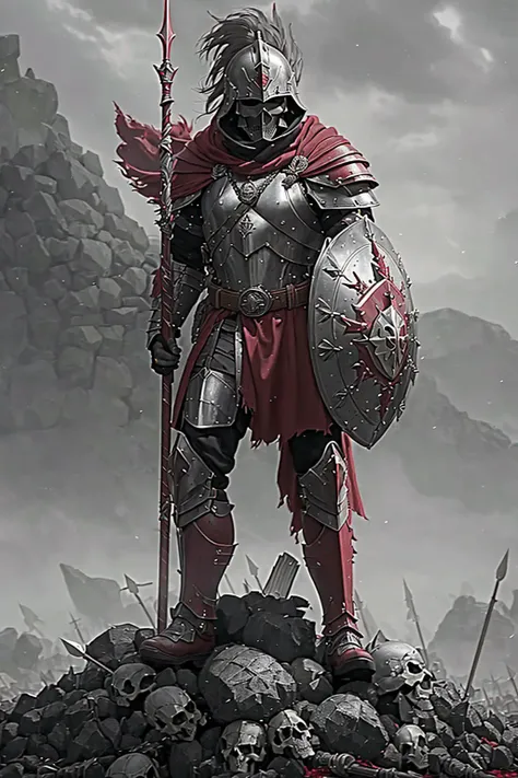 (spearman), ((armed with spear and shield)), spear, shield, long pike, full body, action pose, plate armor, standing on top of the skull pile, torn red cloak, wearing mace on the belt, low angle shot, burning hell background, gray overcast sky with a red tint, unity HDRP, unreal engine, raytracing, ultra detailed, masterpiece