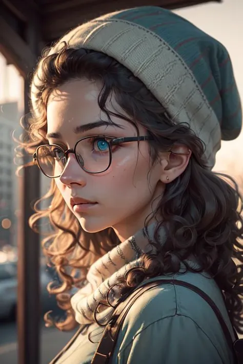 (dark shot:1.4), 80mm, pair of oversized glasses, this girl's hazel eyes survey the world around her, wears a beanie on her head, shielding her curly locks from the sun's rays, as she clicks her camera, (natural skin texture, hyperrealism, soft light, sharp:1.2), (intricate details:1.12), hdr, (intricate details, hyperdetailed:1.15), soft light, sharp, exposure blend, medium shot, bokeh, (hdr:1.4), high contrast, (cinematic, teal and orange:0.85), (muted colors, dim colors, soothing tones:1.3), low saturation, (hyperdetailed:1.2), (noir:0.4)