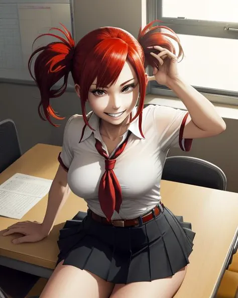 1girl, solo, sitting, flashing, smug, evil grin, twintails, white transparent blouse, red hair, short hair, medium breasts, no underwear, red neckerchief, (black miniskirt:1.1) BREAK
school, desks, window, whiteboard, flat shading, from above, vibrant, <lora:horikoshi-kouhei-1518it-novae:1>