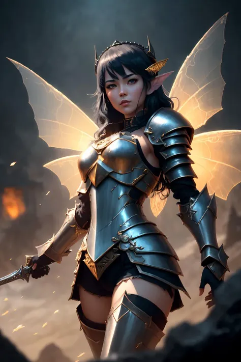 1 girl, adult (lao) (faerie:1.5) female, (duelist), substantial body, (alabaster skin:1.2), black eyes, titian choppy bob, (ironclad armor:1.5), weird fiction, helheim civilization, cold desert, Sword, (masterpiece:1.2) (illustration:1.2) (best quality) (detailed) (intricate) (8k) (HDR) (wallpaper) (cinematic lighting) (sharp focus), intricate, elegant, highly detailed, digital painting, artstation, concept art, smooth, sharp focus, illustration, unity asset store, full body shot, (fantasy portraits, rpg portraits), (professional majestic oil painting by fantasy art book illustrators, volumetric lighting:1.3), Intricate, High Detail, dramatic, Good Anatomy, Good proportions, Subsurface Scattering, Award Winning, Masterwork, Masterpiece