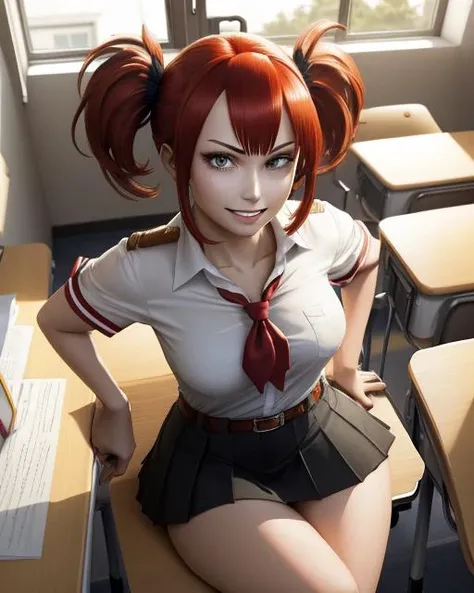 1girl, solo, sitting, flashing, smug, evil grin, twintails, white transparent blouse, red hair, short hair, medium breasts, no underwear, red neckerchief, (black miniskirt:1.1) BREAK
school, desks, window, whiteboard, flat shading, from above, vibrant, <lora:horikoshi-kouhei-1518it-novae:1>