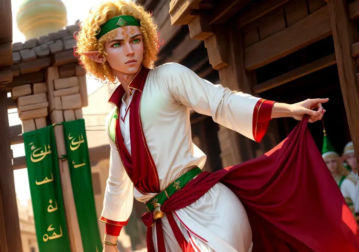 zrpgstyle, highres, masterpiece, perfect ligthing, bloom, cinematic lighting, skinny, perfect skin, (male:1.2), looking at viewer, (full body shot:1.2), pointed ears, in dramatic action pose,  standing in arabic bazaar, epic, (1man:1.3),  cute face, (elf), blonde middle length  curly hair,  white shirt, (green and red arabian, elven clothes:1.3), emerald green eyes, (red headband:1.3),(blonde short curly hair:1.3), morning light, (masterpiece:1.5), (best quality) ,(detailed), (8k), (HDR) ,(wallpaper) ,(cinematic lighting), (sharp focus), stylised, desert, (solo:1.3), (high detailed eyes:1.2), high detailed fabric, high detailed ears, long sleeves