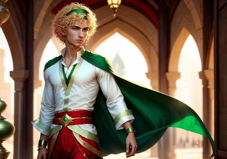 zrpgstyle, highres, masterpiece, perfect ligthing, bloom, cinematic lighting, skinny, perfect skin, (male:1.3) looking at viewer, (full body shot:1.2), (pointed ears), (in dramatic action pose), (walking in arabic bazaar), (epic), (1man:1.3), (cute face:1.5), (elf), (blonde short length curly hair), (white shirt), (green and red arabian, elven clothes:1.3), (arabian pants), (emerald green eyes), (red headband:1.3),(blonde short curly hair:1.3), morning light, (masterpiece:1.5), (best quality) ,(detailed), (8k), (HDR) ,(wallpaper) ,(cinematic lighting), (sharp focus), stylised, (solo:1.3), (high detailed eyes:1.2), (high detailed fabric), (high detailed ears), (long sleeves)
