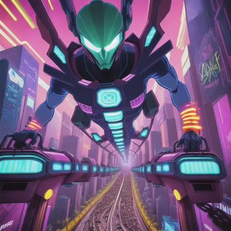 A chaotic scene of aliens and humans riding on a rollercoaster that winds through a futuristic city. The camera angle is from the point-of-view of someone on the ride, with the twisting track and skyscrapers looming in the background. The lighting is dynamic and colorful, with neon lights and bright flashes illuminating the scene. In the style of comic book art with bold outlines and bright colors.