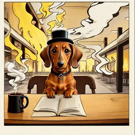 a dachshund wearing a bowler hat sitting at a table with a cup of coffee. Fire and smoke, this is fine