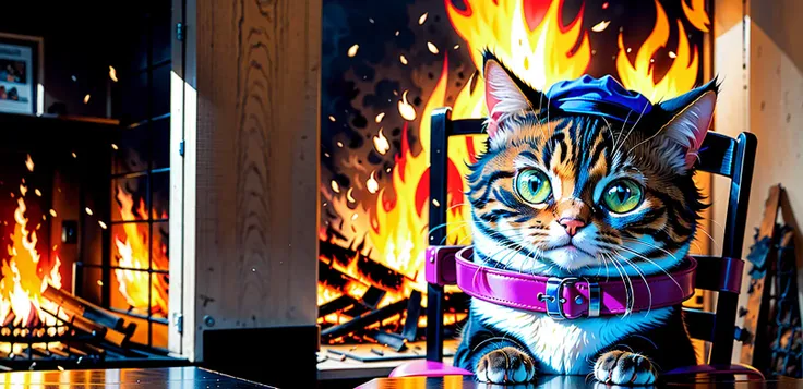 hyper realistic photo, comic strip with a cat sitting in a chair, house is on fire (((many fires burning))), a cartoon of a cat saying "this is fine", cats wear hats, stock photo, cynical realism, extremely detailed, more burning