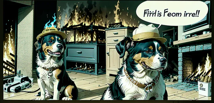 hyper realistic photo, comic strip with a dog sitting in a chair, house is on fire (((many fires burning))), a cartoon of a dog saying "this is fine", dogs wear hats, stock photo, cynical realism, extremely detailed, more burning
