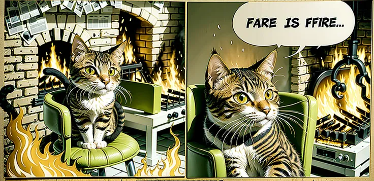 hyper realistic photo, comic strip with a cat sitting in a chair, house is on fire (((many fires burning))), a cartoon of a cat saying "this is fine", cats wear hats, stock photo, cynical realism, extremely detailed, more burning