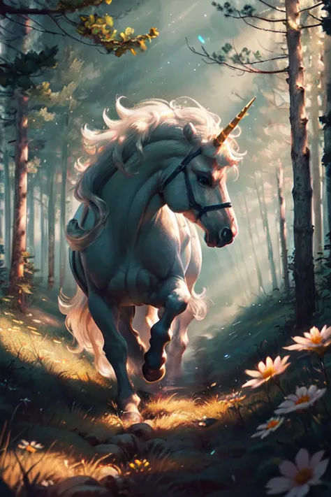 extremely detailed wallpaper, white unicorn run in green forest alley, dynamic pose, spring, morning, beams of light, flowers, (intricate details:1.12), hdr, (intricate details, hyperdetailed:1.15), (cinematic look:1.4), soothing tones, insane details, intricate details, hyperdetailed, low contrast, soft cinematic light, dim colors, exposure blend, hdr, faded, slate gray atmosphere