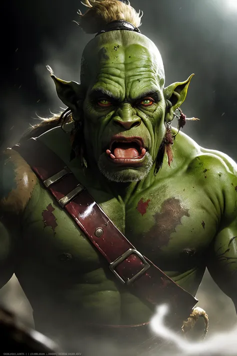 photo, (old_orc_shaman:1.2), piercing_amber_eyes, wrinkled_face, high_ponytail, half_open_mouth, (glossy_skin:1.6), rugged_leather, (dramatic_lighting:1.25), (faded_colors:1.5), (sharp focus:1.2), (shadows:1.2), (subtle HDR:1.15), (cinematic look:1.2), (powerful pose:1.3), (complex background:1.2), bokeh, Wide_Shot,