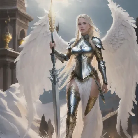 [full body photograph],  ((masterpiece)), epic pose, ((best quality)), ((realistic)) of [1woman], flying in the ((sky)), a stunning and alluring [Nordic goddess]. She is [flying],  hair light,  ((she has 2 very large (white) feather wings)), full body length wings, very thick feathered (((wings))).  She is holding a (((spear in))) her right hand, wearing ((intricate)) highly detailed Viking (fantasy armor), ornamental armor, ((silver)) armor with ((gold inlaid details)), blond braids in her [hair], sheer white skirt, plate mail hangs down between her legs,  intricate ((silver)) and armor with (gold details), ((fur on her armor)), ((Full leg armor)), [slim, voluptuous figure] with [wide hips and small waist], [long and proportional legs], and [toned muscles]. Her alabaster skin is [smooth and detailed] accentuates her [natural beauty]. Her [golden blonde hair] is [long] and styled [with many Nordic braids] to complement her flawless features. Capture her [perfectly round ample perky breasts] in fitted armor, [slim thighs], to add more depth to her enchanting allure. Ensure that the image depicts a [detailed] and [high-resolution portrayal] of her face, with [realistic features] that highlight her natural beauty. Focus on her [natural-looking bright blue eyes], with their [stunning depth and brilliance], and [flushed cheeks] that bring out her [inner beauty]. The image should capture her [seductive nature], conveying an [alluring and provocative look] that speaks of her [sensuality] and [magnetism]. The end result should be a [realistic and lifelike image] that captures the [essence of natural beauty], portraying her in a way that is both [captivating] and [enchanting],  She has ((blood platter)) on her winds and spear.