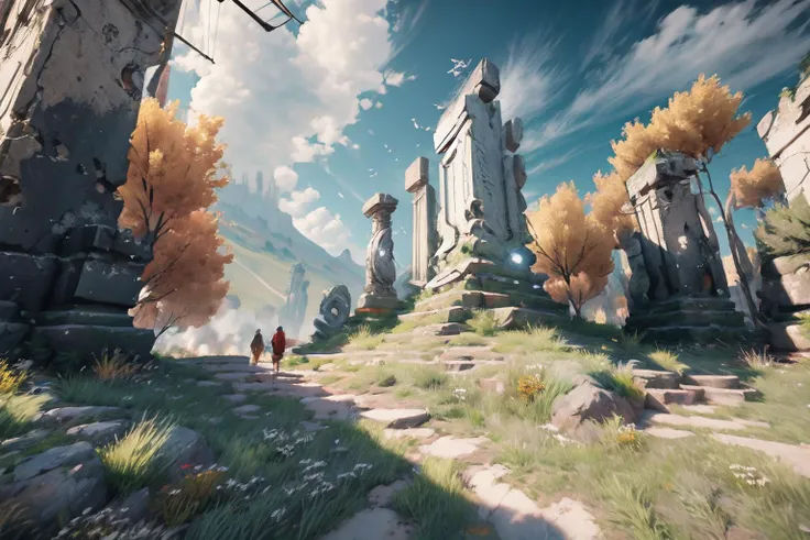 cloud, cloudy_sky, day, sky, blue_sky, scenery, ancient ruins, flower, gras, deep canyon, high ground <lora:Stylized Ruins:1>, <lora:add_detail:1>
//
,((1girl, 1boy, walk, travel, migration, fantasy)),
//
, ((, Point of View Shot, POV, Aerial Shot, Helicopter Shot)), CGI, Realism, RTX, Tone Mapping, SSAO, Shaders, Moonlight, Volumetric Lighting, Volumetric Light, Volumetric, Sunlight, Natural Lighting, landscape, outdoors, ((high quality:1.2, masterpiece:1.2)), absurdres, high resolution, (8k resolution), 8k, 8kres, 8k res, high details, detailed and intricate, intricate details, high intricate details, absurd amount of details, super resolution, ultra hd, megapixel, , ((, Point of View Shot, POV, Aerial Shot, Helicopter Shot)), CGI, Realism, RTX, Tone Mapping, SSAO, Shaders, Moonlight, Volumetric Lighting, Volumetric Light, Volumetric, Sunlight, Natural Lighting, landscape, outdoors, ((high quality:1.2, masterpiece:1.2)), absurdres, high resolution, (8k resolution), 8k, 8kres, 8k res, high details, detailed and intricate, intricate details, high intricate details, absurd amount of details, super resolution, ultra hd, megapixel,