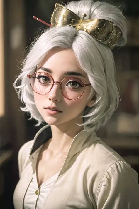 masterpiece, best quality, ultra-detailed, solo, 1girl, portrait, realistic, real, 4k, 1girl, purah, white hair, red headband, hair ornament, detailed face, hair sticks, realistic, small lips, button nose, soft face, round face, brown red eyes, red glasses, white jacket, sleeveless white shirt, cleavage, lightly blurry, film portrait photography, 35mm film, filmg, <lora:STYLE_FilmG3:0.4> <lora:improve_backgrounds:0.2> <lora:CHAR_GAME_ZELDA_purah-nvwls-v1-final:0.75>