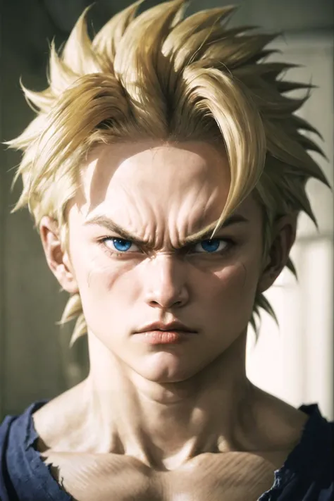 ultra-detailed, solo, realistic, face focus, 1boy, young, son gohan, super saiyan, (aura, angry, stare), looking at viewer, (fighting stance:1.2), blonde hair, blue eyes, (torn clothes:0.8), lightly blurry, film portrait photography, 35mm film, filmg, <lora:FilmG4:1> <lora:improve_backgrounds:0.4> <lora:db_gohan:0.7>
