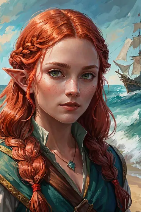 medieval fantasy portrait, wood elf druid, red hair, braid (close up view:1.3), (8k, best quality:1.3), fine art, divine scene, 1girl, fantasy setting, ocean, sea, sailing ship, explorer, pirate, fit toned body, seashell necklace