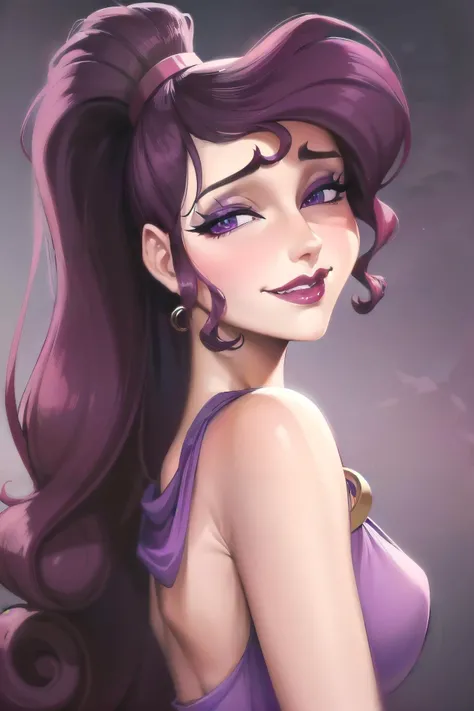 1girl, face portrait of megara, evil smile, half-closed eyes, high ponytail, long hair, bare shoulders, long purple dress, looking at viewer, best quality, masterpiece, retro artstyle, <lora:sxz-megara-allnew:0.8>, <lora:epi_noiseoffset2:1>