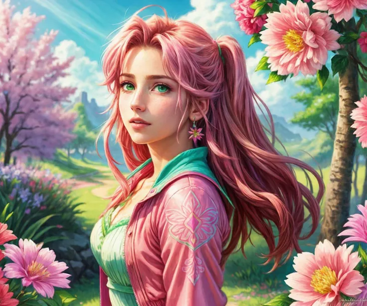 colorful, hand drawn, vibrant pastel colors, (Vaporwave aesthetic), Legend of Mana graphics, a half portrait of (Aeris) from Final Fantasy VII, gorgeous face, (detailed facial features), green eyes, ultra detailed texture pink dress, ultra detailed texture red bolero jacket, flowers, forest, <lora:add_detail:0.6>