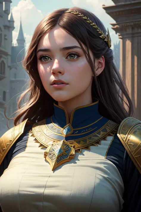 Build a stunning, (8k, best quality, masterpiece:1.2),(best quality:1.0), (ultra highres:1.0),modelshoot style, (extremely detailed CG unity 8k wallpaper), full shot body photo of the most beautiful artwork in the world, medieval armor, castle, flags, professional majestic oil painting by Ed Blinkey, Atey Ghailan, Studio Ghibli, by Jeremy Mann, Greg Manchess, Antonio Moro, trending on ArtStation, trending on CGSociety, Intricate, High Detail, Sharp focus, dramatic, photorealistic painting art by midjourney and greg rutkowski,ultra-detailed,a young girl,looking at the viewer,((slim,fit))
