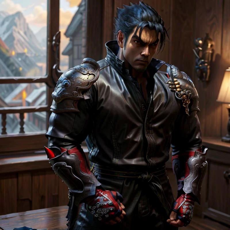 kazama jin dressed as a fantasy thief in leather armor, beautiful, serious, (masterpiece:1.2), (best quality:1.2), trending in artstation, masterpiece, best quality, finely detailed, soft lighting, natural light, 1boy, <lora:tekken_kazama:1>