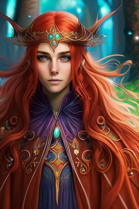 zrpgstyle, close up angle, portrait of a beautiful magic witch, facing front,intricate,highly detailed,red long hair,wearing Gorgeous magic robe and ornate magic cloak,background is a magic forest with fireflies,8k,by Alejandro Burdisio and Alfons Mucha