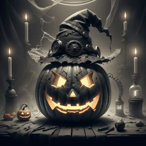 <lora:Navi_FrankensteinTech_SD_L:0.8> nv_frankensteintech, ,scifi, steampunk, ominous , greyscale,
jack-o'-lantern, witch hat, halloween, pumpkin, hat, ghost, halloween bucket