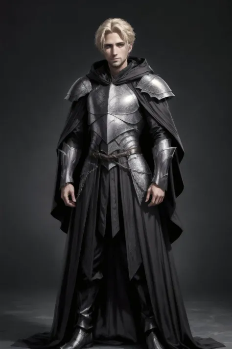 zrpgstyle, (masterpiece,Hight quality,best quality), sharp focus, concept art, fullbody shot,men, 35-years old men, short blond hair, bristle, black robe, hood, high-quality hair, grey eyes, soft armor, <lora:DetailedEyes_V3:0.8>, <lora:more_details:0.7>,