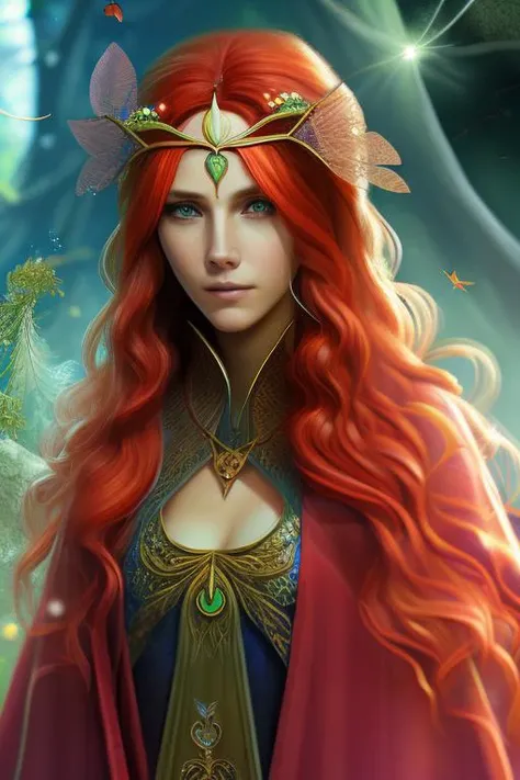 zrpgstyle, close up angle, portrait of a beautiful magic witch, facing front,intricate,highly detailed,red long hair,wearing Gorgeous magic robe and ornate magic cloak,background is a magic forest with fireflies,8k,by Alejandro Burdisio and Alfons Mucha