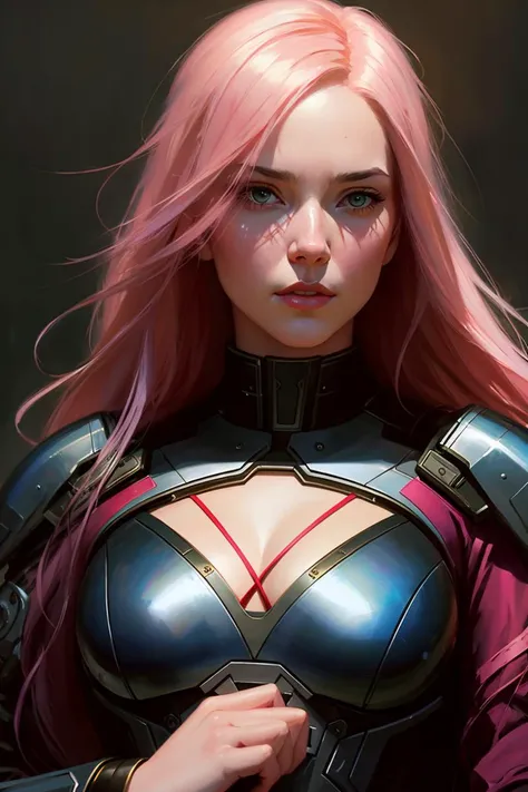 Make a stunning, portrait of a woman, body futuristic suit, (no helmet), long pink hair, straight look, eye contact, half body, (backlighting), realistic, masterpiece, highest quality, [[chromatic aberration]], by Jeremy Lipking, by Antonio J. Manzanedo, digital painting, sci-fi, modelshoot style, (extremely detailed CG unity 8k wallpaper), beautiful women, professional majestic oil painting by Ed Blinkey, Atey Ghailan, by Jeremy Mann, Greg Manchess, Antonio Moro, trending on ArtStation, trending on CGSociety, Intricate, High Detail, Sharp focus, dramatic, photorealistic