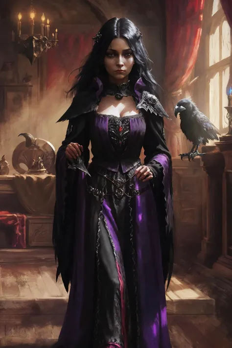 zrpgstyle, medieval portrait fantasy evil wizard girl black hair with (raven:1.3) familiar glorious elaborate ornate dark robes standing in a detailed luxurious stone castle Game of Thrones Hogwarts bright morning light from window, (masterpiece:1.2) (best quality) (detailed) (intricate) (8k) (HDR) (wallpaper) (cinematic lighting) (sharp focus)