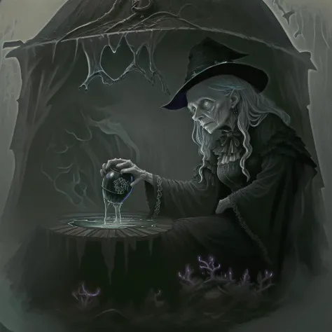 creepy old witch by her cabin in the deep dark spooky woods near a big bubbling cauldron, witch is drinking a glowing potion from a bottle , skulls and ravens are watching <lora:GlowingRunesAIV6:1>