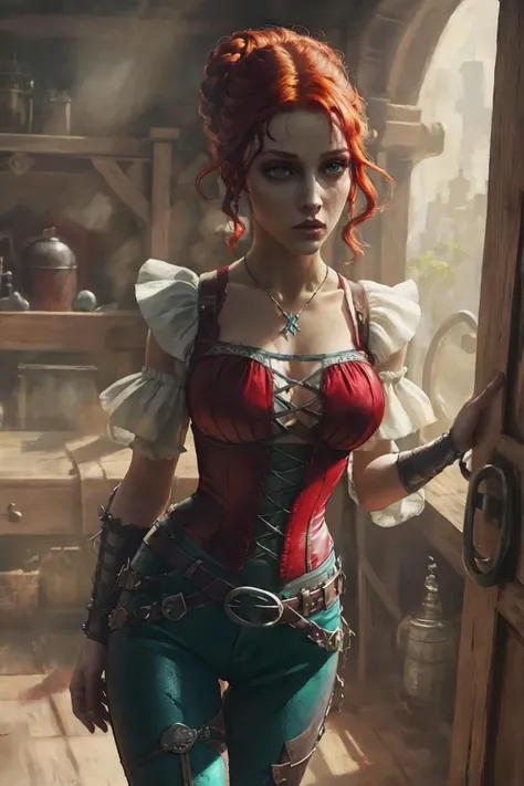 medieval RPG character painting red hair upsweep updo swashbuckler rogue corset shirt teal leather pants (straps buckles:1.2) armor indoors overgrown ancient ruins, (zrpgstyle) (masterpiece:1.2) (illustration:1.1) (best quality:1.2) (detailed) (intricate) (8k) (HDR) (wallpaper) (cinematic lighting) (sharp focus)