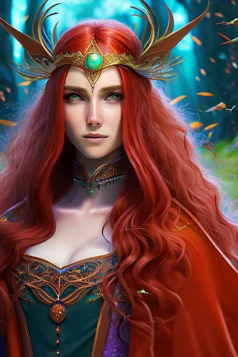 close up angle, portrait of a beautiful magic witch, facing front,intricate,highly detailed,red long hair,wearing Gorgeous magic robe and ornate magic cloak,background is a magic forest with fireflies,8k,by Alejandro Burdisio and Alfons Mucha