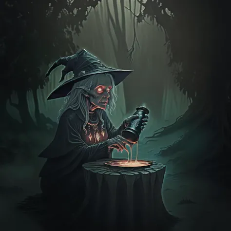 creepy old witch in the deep dark spooky woods near a big bubbling cauldron, witch drinking a glowing potion from a bottle , skulls and ravens are watching <lora:GlowingRunesAIV6:1>