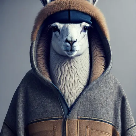 a llama wearing a hoodie and a hat, lama, llama anthro portrait, llama portrait, portrait of a llama, llama, llama all the way, lama with (dreadlocks:1.28), llama with (dreadlocks:1.28), alpaca, trending on dribbble.com mascot, wild fluffy llama portrait, trending on character design, llama angel of sunrise, behance contest winner, award on cgsociety, solo, hood, blurry, animal, no humans, realistic, blurry background, furry, upper body, looking at viewer, male focus, animal focus, rabbit human, wearing pants and cowboy puma pants<lyco:di.FFUSION.ai-tXe-fX:1.0>
