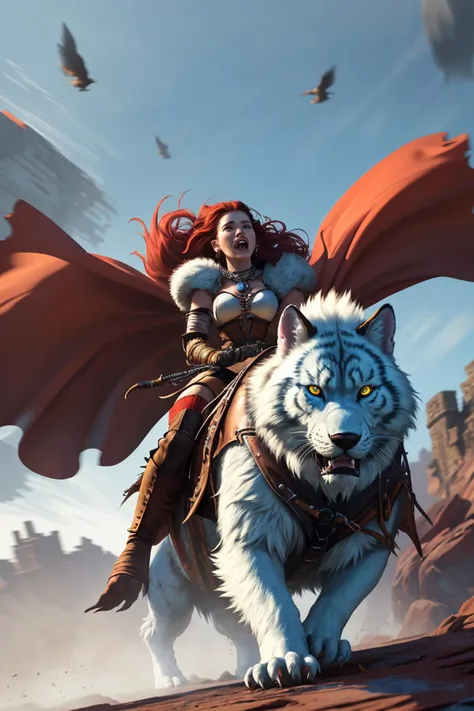 dungeons and dragons epic movie poster barbarian woman with cape charging into battle violent roar riding a vicious ice [wolf|tiger] beast leather and fur boots warriors and red banners (windy dust debris storm:1.1) volumetric lighting fog depth mist pass z pass great stone castle very bright morning sunlight from side, (masterpiece) (best quality) (detailed) (8k) (cinematic lighting) (sharp focus) (intricate) (intense action scene, dutch angle, foreshortening, motion blur, from below, blurred foreground:1.3)