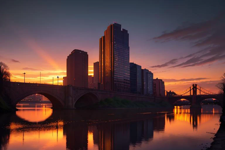 a melancholic sunset landscape on a vast river, with a majestic bridge stretching across it. The scene is infused with a somber ambiance, as the sun sets in the distance, casting a warm, golden glow over the entire panorama. The hues of the sky gradually shift from vibrant oranges and pinks near the horizon to deep blues and purples higher up.
The massive river dominates the foreground, its reflective surface mirroring the stunning sky above. The water flows calmly, almost lethargically, creating a serene and introspective atmosphere. The bridge at the center of the canvas is an architectural marvel, appearing to connect two worldsâthe bustling urban life on either side.
On each bank of the river lies a silent cityscape. Tall, imposing buildings line the shores, their silhouettes standing tall against the fading light of day. Windows twinkle with faint lights, indicating the presence of life within, but the overall feeling is one of stillness and tranquility.
The artist skillfully captures the fading light of the day, with the soft illumination of streetlights and faint glimmers from the windows creating a stark contrast to the darkening sky. The composition evokes a sense of isolation and introspection, as if time has frozen for a moment, allowing the viewer to contemplate the beauty of the fleeting twilight.
The scene exudes a certain poetic sadness, as the last rays of sunlight gently kiss the surroundings goodbye, leaving the city and the bridge to embrace the encroaching night. It's a melancholic snapshot of urban solitude amidst the transition from day to nightâa moment frozen in time on the canvas, inviting the audience to immerse themselves in its evocative beauty and contemplate the passage of time