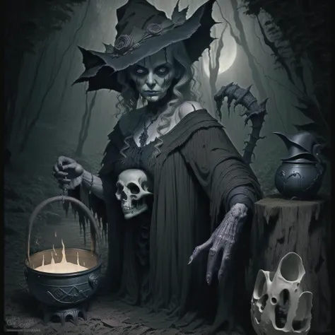 creepy old witch in the deep dark spooky woods near a big bubbling cauldron, old witch transforming into sexy young babe , skulls and ravens are watching <lora:model_full_body_v1:1>