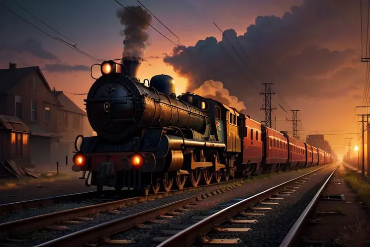 The painting depicts a hauntingly beautiful scene of a train under the desolate glow of a sunset in a small town. The artist skillfully captures the melancholic atmosphere that permeates the image. The train, with its worn-out appearance, stands as a symbol of forgotten memories and bygone eras. Its rusty metal exterior reflects the fading light, adding to the somber ambiance. The tracks, stretching into the distance, imply a journey of uncertain destination and evoke a sense of longing. The surrounding town appears deserted, with dilapidated buildings and empty streets, conveying a feeling of abandonment. The subdued colors of the sunset cast a soft, muted light over the scene, enhancing the overall melancholy. The combination of solitude, fading daylight, and worn elements in the composition creates a poignant and wistful atmosphere that resonates deeply with the viewer.