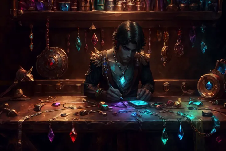 zrpgstyle, a very handsome man, short black hair, crew cut hairstyle, clean shaven, focused ((pale skin)), in a jewelry workshop, beautiful gemstones on display, ((multicolored lights)) ((clutter)) (masterpiece:1.2) (best quality) (detailed) (intricate) (8k) (HDR) (wallpaper) (cinematic lighting) (sharp focus) <lora:WoodIronAIv2:0.4> <lora:GemstoneAI:0.7>