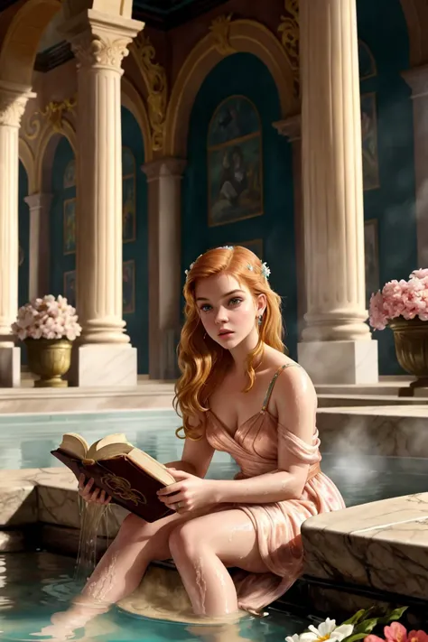 (beautiful blonde woman:1.2) (bathing:1.4) in roman (bath:1.2) house lilys flowers petals ceramic vases marble mahogany wood trim teal water royal robes wealthy luxury opulent extravagant immaculate ornate, from_side Clutter-Home
(masterpiece:1.1) (best quality) (detailed) (intricate) (8k) (HDR) (cinematic lighting) (sharp focus) (DollieNobodySD15)