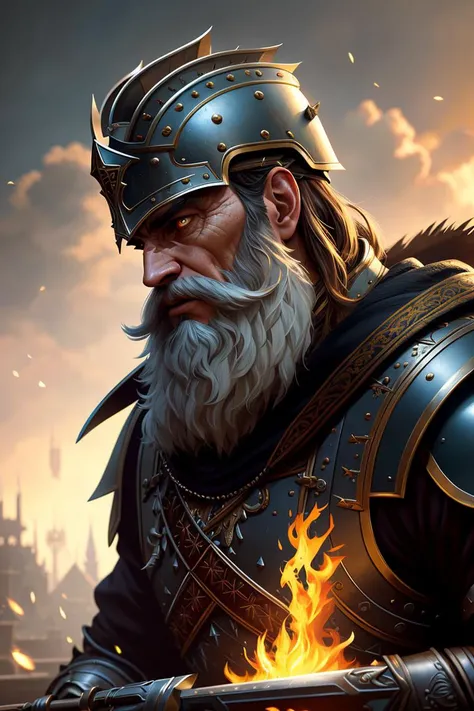 Build a top-notch, (extremely detailed CG unity 8k wallpaper), knight, (male), beard, intricate detail, fire, ((battle)), zoom, 35mm, depth of field, sword, helmet, photorealistic, dramatic, intense, daylight, professional majestic oil painting by Ed Blinkey, Atey Ghailan, by Jeremy Mann, Greg Manchess, Antonio Moro, trending on ArtStation, trending on CGSociety, Intricate, High Detail, Sharp focus, dramatic, photorealistic painting art by midjourney and greg rutkowski