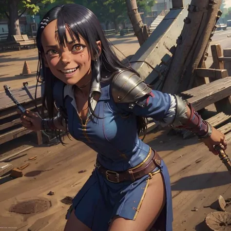 Nagatoro dressed as a fantasy thief in leather armor, beautiful, grin, one narrow eye, (masterpiece:1.2), (best quality:1.2), trending in artstation, masterpiece, best quality, finely detailed, soft lighting, natural light, 1girl, <lora:nagatoro hayaseV2:1>